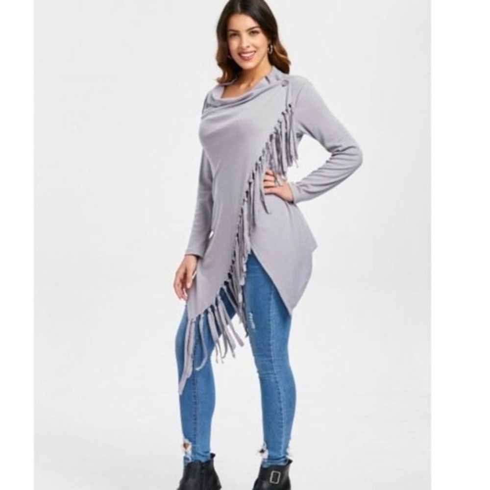Hua Lan Gray‎ Fringed Long Sleeve Shirt-Medium